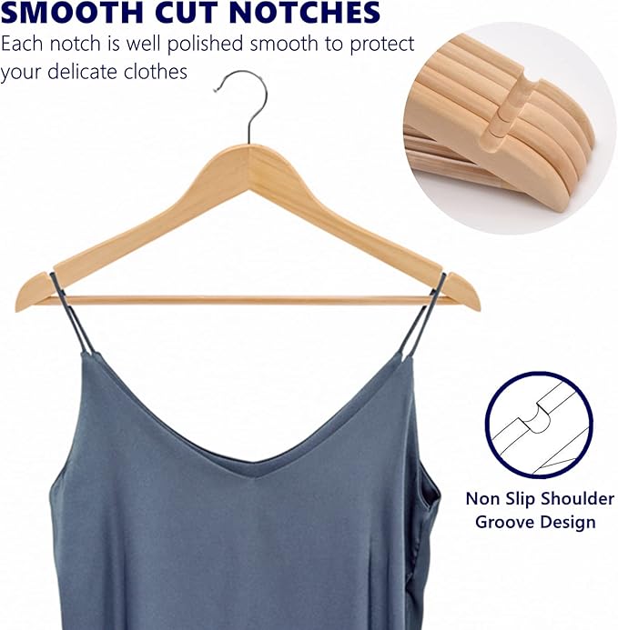 Amber Home 30 Pack Wooden Coat Hangers, Natural Wood Suit Hangers with Non Slip Pant Bar, Clothes Hangers for Shirts, Jackets, Dress, Pant (Natural, 30)