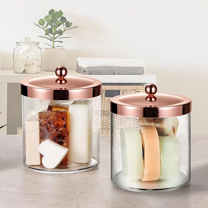 SheeChung 3 Pack 50 Oz Large Apothecary Jar with Rose Gold Rust-Proof Lid - Shatterproof Plastic Laundry Pods Container - Chic Rose Gold Bathroom & Vanity Storage Organizer for Scent Beads, Salts