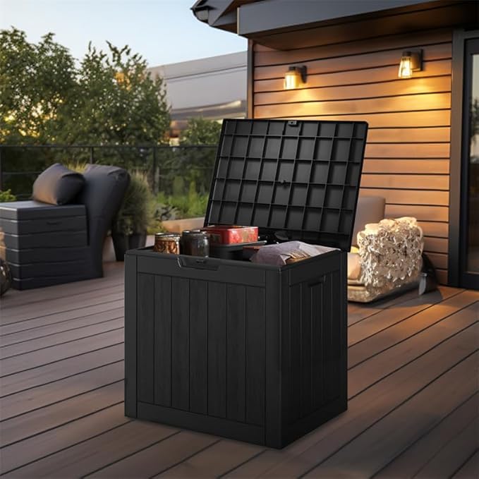 36 Gallon Outdoor Deck Box, Lockable Waterproof Outdoor Storage Boxes For Garden Tools,Indoor Cushions,Accessories Outside Storage Resin Weatherproof Container(Black)