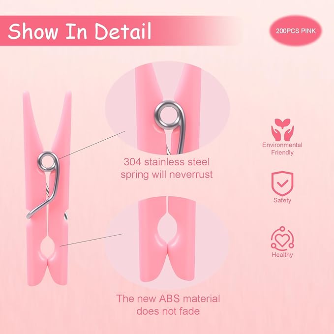 200PCS Pink Plastic Clothes Pins for Girl/Boy Baby Don't say Baby Shower Games, DIY Crafts, Photos 1.35 Inch Small Mini Pins, Tiny Clips for Laundry & Picture Displays Gender Reveal Party Decorations