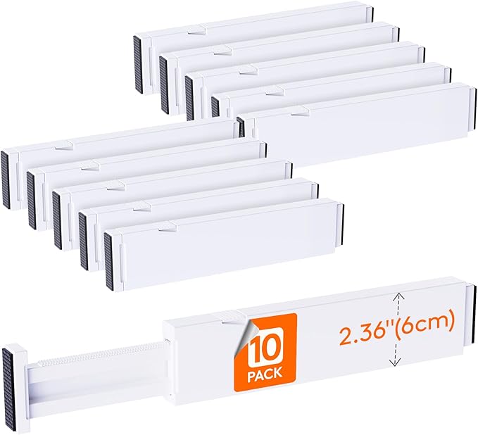 Lifewit 10 Pack 2.36" High Drawer Dividers 28-43.5cm/11-17" Adjustable Drawer Organizer for Clothes/Utensils, Expandable Drawer Separator in Dresser/Kitchen/Bedroom/Office Organization & Storage White