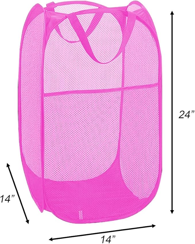 Larpur Popup Laundry Basket, Collapsible Portable Mesh Clothes Washing Laundry Hamper with Reinforced Carry Handles (Pink)