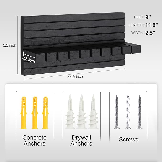Belt Organizer for Closet, Belt Hanger Wall Mounts to Hold 9 Belts Without Slipping, Space Saving Belt Rack for Closet Organization Includes Mounting Hardware (11.8” x 5.5” x 2.5”) (Black)