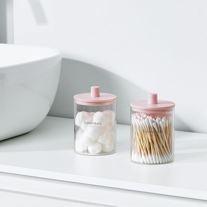 TIPGO Glass Qtip Holder Dispenser for Bathroom - 10 oz Clear Canister Apothecary Jar for Cotton Swabs, Balls, Pads, Floss Picks, Small Containers for Makeup Storage Organizer (2 Pack, Pink)