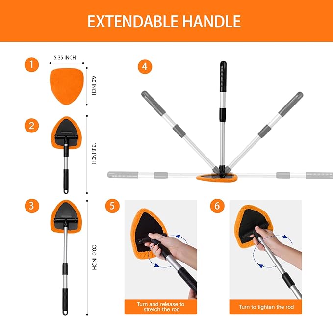 10pcs Windshield Cleaner Tool, Car Window Cleaning Wash Kit with 4 Reusable Microfiber Pads 1 Spray Bottle and Extendable Handle Auto Glass Wiper Kit, Orange