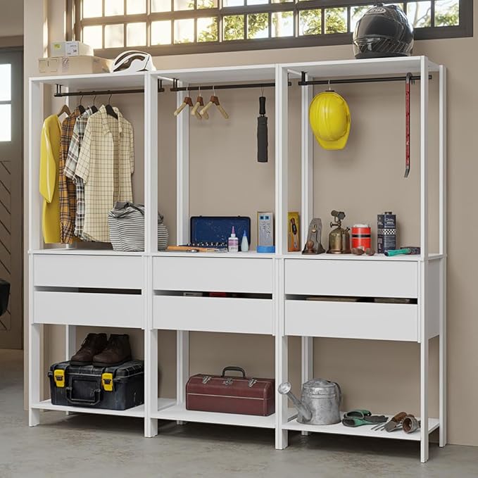Madesa Garage Storage Rack with 6 Drawers and Hanging Spaces 82" L Multiuse Modular Organization Cabinet for Tools (WHITE)