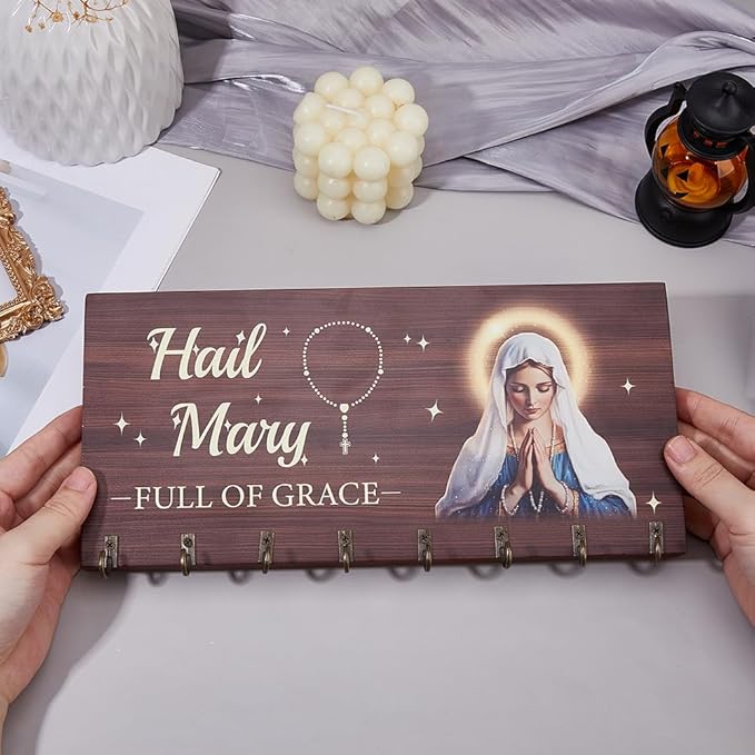 DICOSMETIC Wooden Rosary Holder Wall Mounted with 8 Hangers Wall Mounted Necklace Organizer Large Catholic Rosary Holder for Necklace, Bracelet Prayer Storage, 14x30x2.4cm