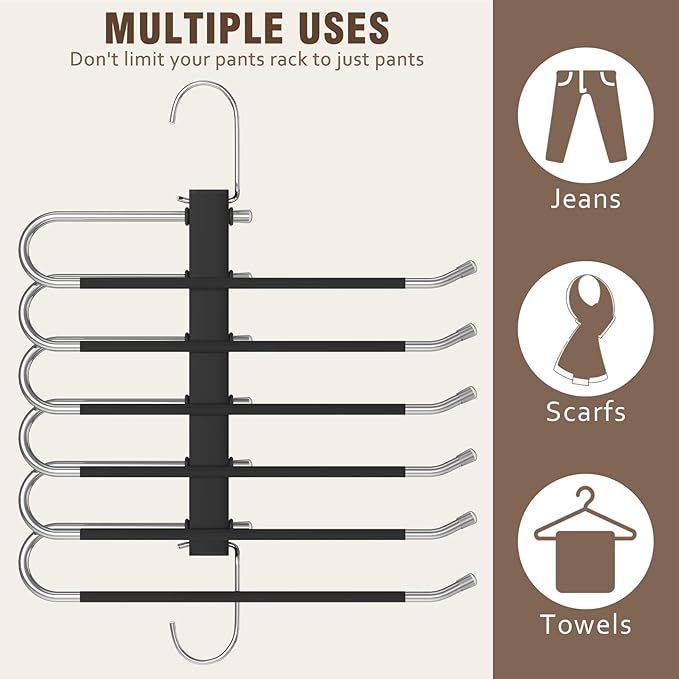 4 Pack 6-Tier Space Saving Pant Hangers, Anti-Slip, Lightweight, Stainless Steel, Black, 6 Pairs Jeans Hangers