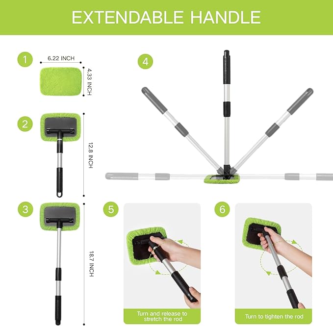 11pcs Windshield Cleaner Tool, Car Window Cleaning Wash Kit with 6 Reusable Microfiber Pads 2 Spray Bottles and Extendable Handles Auto Glass Wiper Kit, Green