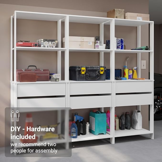 Madesa Garage Storage Rack with 6 Drawers and Open Shelves 82" L Multiuse Modular Organization Cabinet for Tools (WHITE)