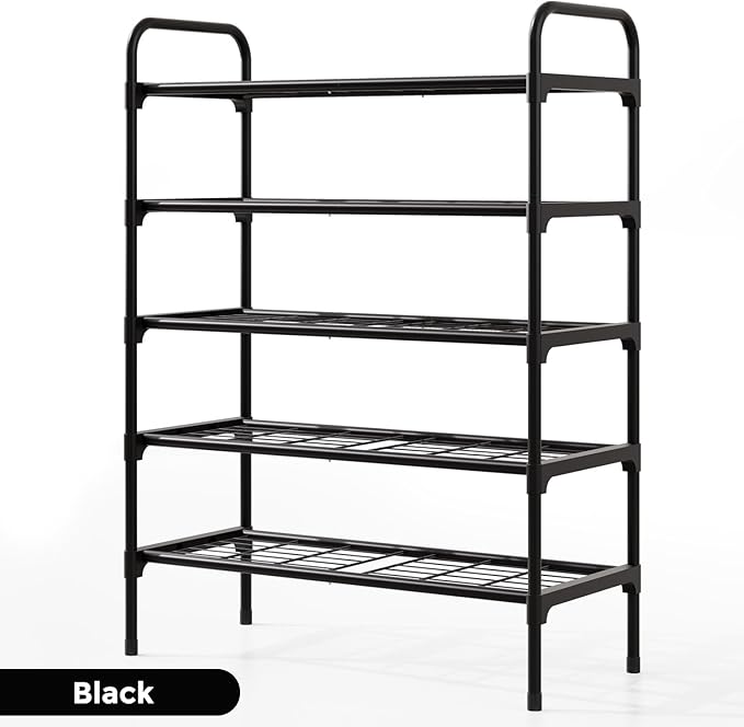 5-Tier Shoe Rack Organlzer, Rustproof lron, Spaclous Shoe Storage Shelf for Closet or Entryway, Fits Sneakers & Slippers, Black