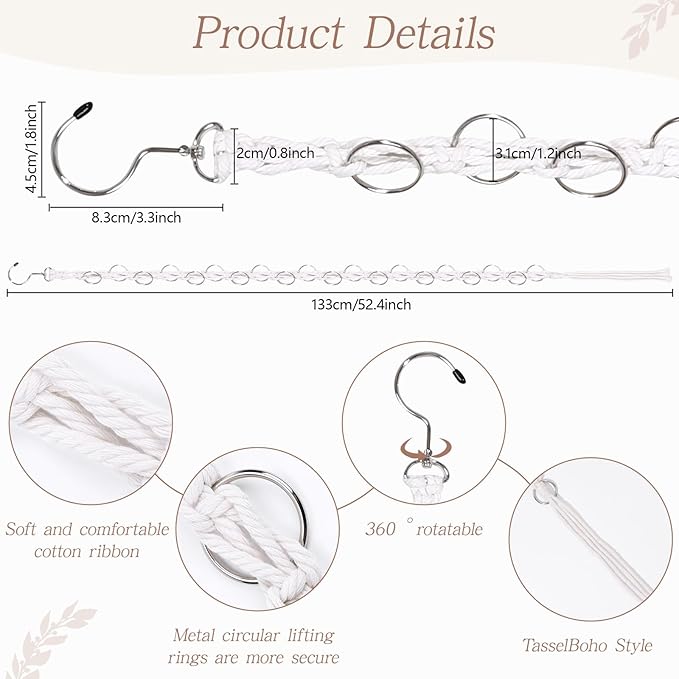 SNOWSTAR Macrame Hair Claw Clip Organizer with Rotating Hook and 20 Metal Rings,Hanging Hair Clip Holder and Storage for Women Girls,Claw Clips Hanger Home Decor for Wall,Door,Closet