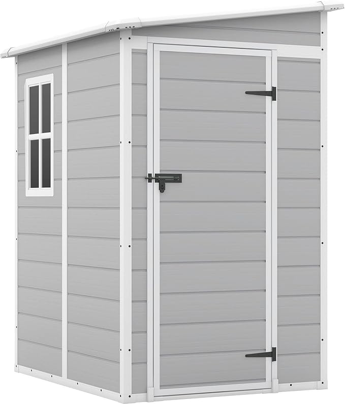 Patiowell 5x4 FT Outdoor Storage Shed with Floor, Resin Outside Storage Shed with Floor & Lockable & Window Door for Patio Furniture, Garden Tools and Bicycle, Light Gray