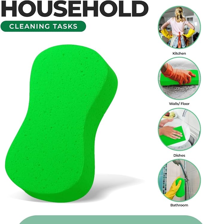 Multi-Purpose Sponges for Cleaning - Lime Green 2 Pack, Large Sponges for Car Washing, Tile & Grout, All Purpose Cleaning