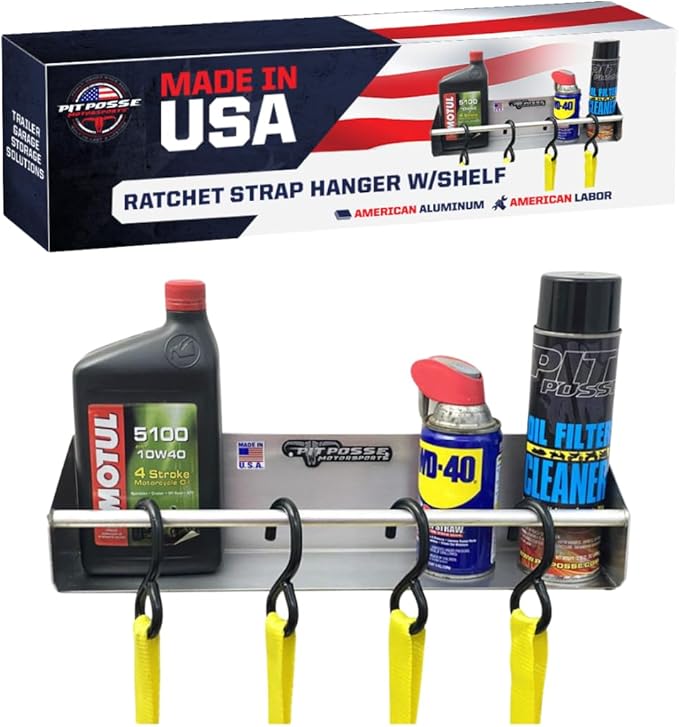 Pit Posse 465 Tie Down Hanger Holder Aluminum Wall Mount Rack Shelf for Race Trailer Garage Shop Storage Organizer- Made in USA-Holds Tie Downs, Ratchet Straps, Bungee Cords, Aerosol Cans, Oils