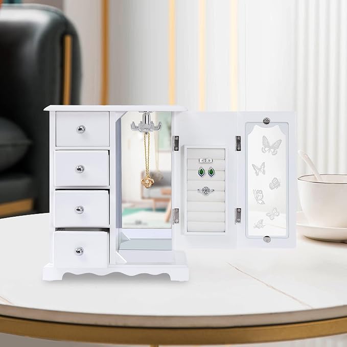 Jewelry Box,Solid Wood with 4 Drawers Organizer and Built-in Necklace Carousel and Large Mirror Jewelry Box, Moderne Makeup and Accessories Organizer Girls Ring Storage,White