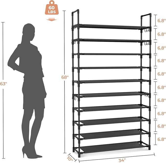 Tall Shoe Rack 10 Tier Shoe Organizer Large Shoe Shelf with 18 Hooks Storage for 50 Pair, Stackable Vertical Shoe Rack Organizer for Closet, Entryway, Bedroom