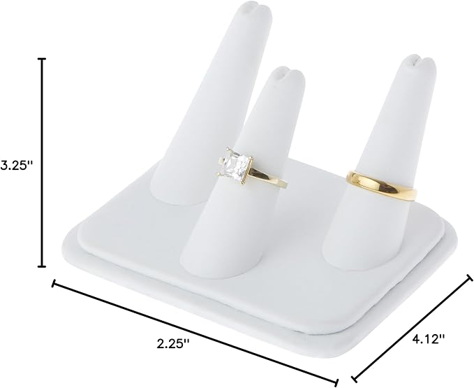 Plymor White Faux Leather Ring Finger Display, Three on Rectangular Base, 4.125" W x 3.25" D x 2.25" H (Pack of 3)