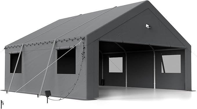 Carports Canopy 20x20 Heavy Duty, Portable Car Port Garage with Roll Up Drive Through Doors, Grey