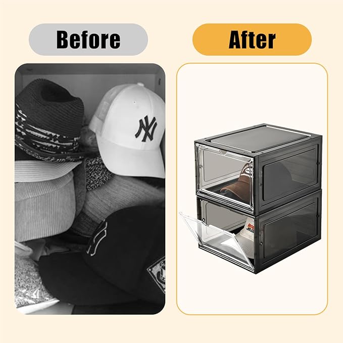 Hat Organizer Box,Stackable Clear Baseball Caps Holder Box Containers with Magnetic Door for Hats Snapback Cap Storage,Clear Hat Storage with Magnetic Door, Holds 60 Hats(black clear, 6 pack)