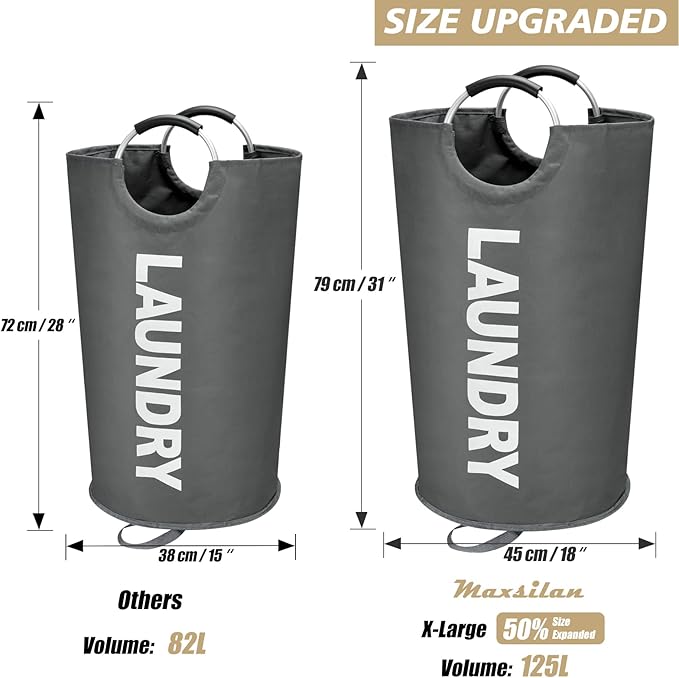 125L X-Large Laundry Basket, Freestanding Tall Clothes Hamper, Collapsible Laundry Bag, Dark Grey