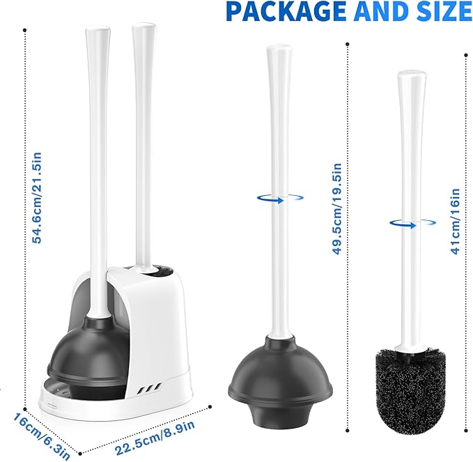 Toilet Plunger and Brush, Bowl Brush and Heavy Duty Toilet Plunger Set with Ventilated Holder, 2-in-1 Toilet Brush and Plunger Combo for 5.3-inch Toilet Drain Bathroom Cleaning (White)