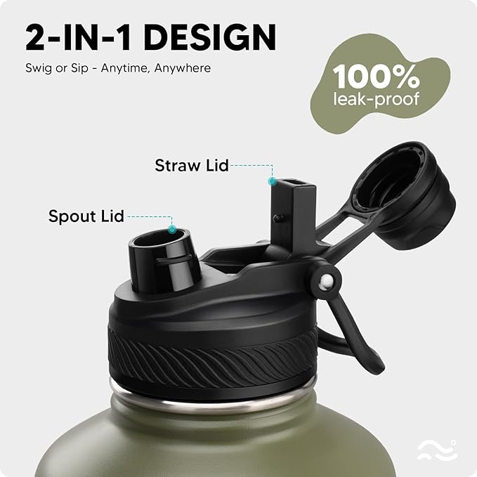 [2-IN-1 LID] 64 oz Insulated Water Bottle with Silicone Boot (48hrs Cold/24hrs Hot) - DIY Stickers, Leakproof, BPA Free, Half Gallon