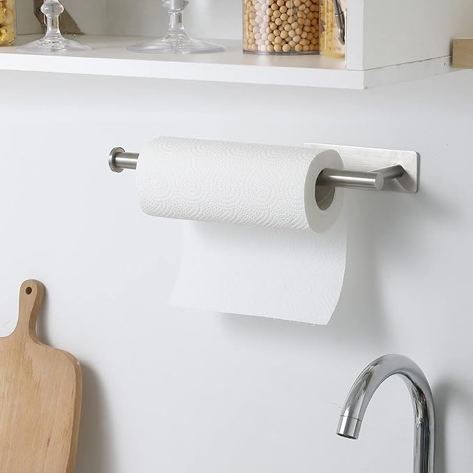 theaoo Under Cabinet Paper Towel Holder for Kitchen, Adhesive Paper Towel Roll Rack for Bathroom Towel, SUS304 Stainless Steel Wall Mount, Both Available for Adhesive and Screws