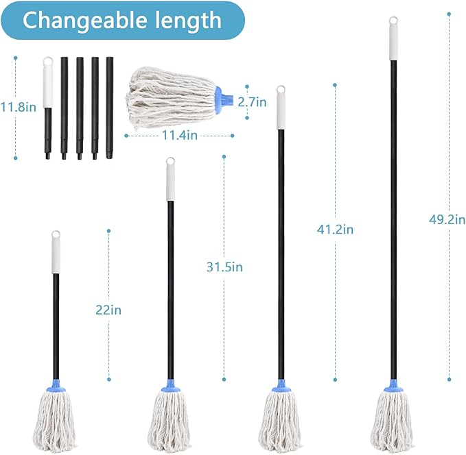 Indoor Mop for Floor Cleaning - Cotton Mops for Floor Cleaning, Regular Mop for Floors, 49-inch Simple Mops for Cleaning Living Rooms, Bathrooms, and Kitchens. (White&Blue)