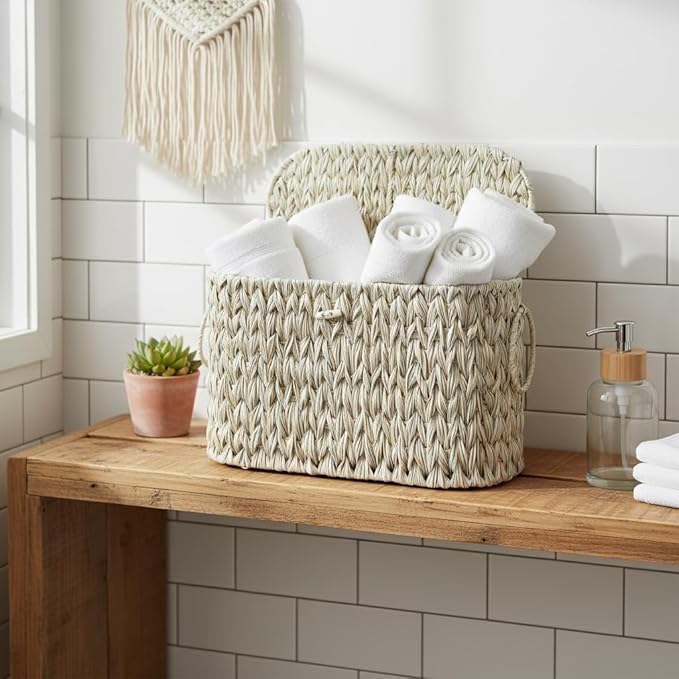 Toilet Paper Basket,Wicker Toilet Paper Storage with Lid,Decorative Boho Wicker Basket for Bathroom,Free Standing-Cream White
