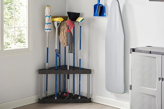 Rubbermaid Plastic Garage Corner Tool Tower Rack, Easy to Assemble, Organizes up to 30 Long-Handled Tools/Rakes/ Brooms/Shovles for Home/House/Outdoor/Sheds
