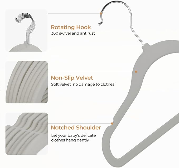 GoodtoU Kids Hangers Velvet 50 Pack Baby Hangers for Closet Non Slip Childrens Infant Hanger Grey
