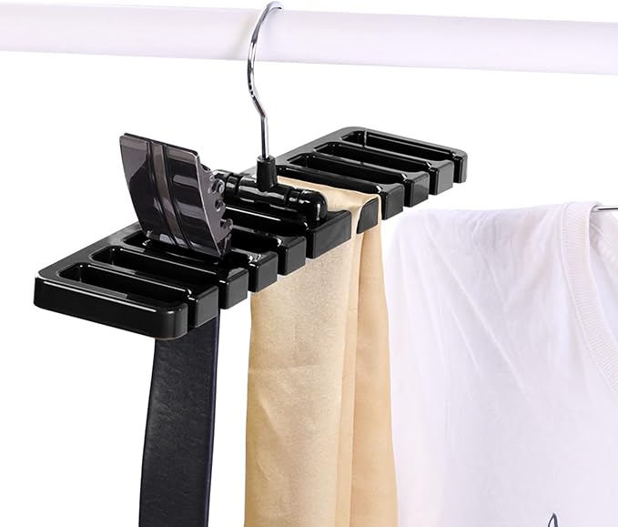 10 Slot Tie Belt Scarf Rack Organizer Sturdy Plastic Closet Wardrobe Space Saver Multifunctional Rotating Hanger for Ties Belts Scarves Accessories Black Brown Beige 30.5 x 7.3 x (Black)