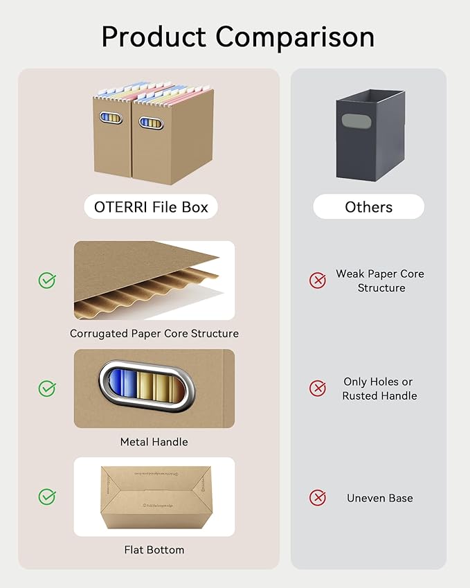 Oterri Cardboard File Organizer Box for Hanging File Folders Letter Size,File Box for Computer Desk,File Cabinet,Working Home,Office,Classroom (Brown, Letter Size - 6 Packs)