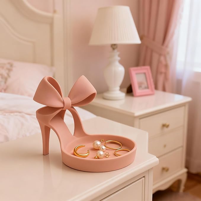3D Printed High Heel Jewelry Holder & Organizer Tray With Elegant Bow Decor-Ring Display Stand, Earring, Bracelet Holder For Vanity, Desk Top, Dresser - Unique Home Decor Gift For Women (Golden)