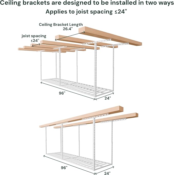 SunsGrove 2x8 Garage Overhead Storage Rack, Adjustable Heavy Duty Hanging Garage Storage Shelves, Ceiling Mounted Storage Racks, 800LBS Weight Capacity, 22"-40" Ceiling Dropdown, 2 Packs, White