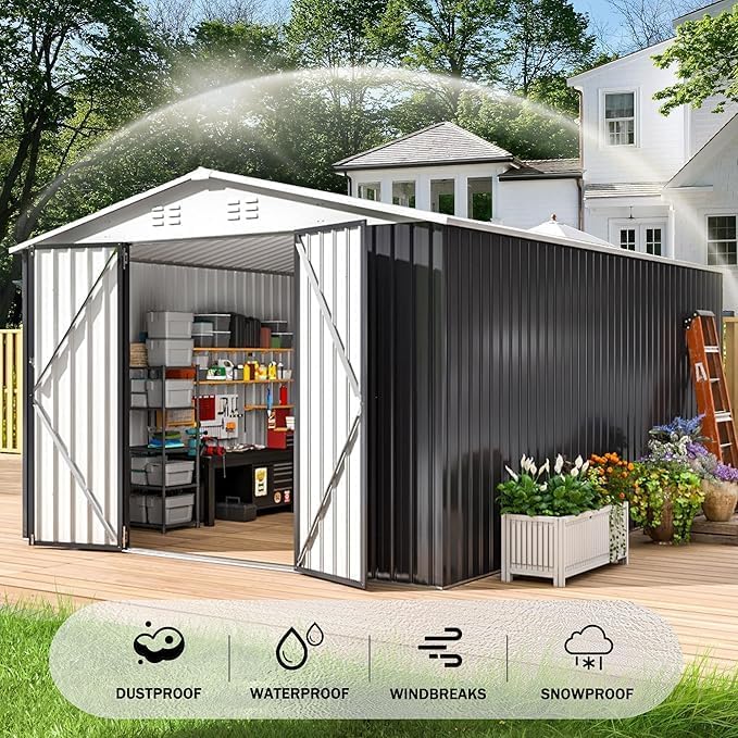 Polar Aurora 10x14 Outdoor Storage Shed, Garden Shed with Updated Frame Structure and Lockable Doors, Metal Tool Sheds for Backyard Garden Patio Lawn, White
