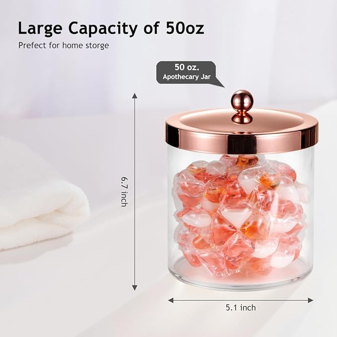 SheeChung 50oz Large Apothecary Jar with Rose Gold Rust-Proof Lid - Shatterproof Plastic Laundry Pods Container - Chic Rose Gold Bathroom & Vanity Storage Organizer for Scent Beads, Salts