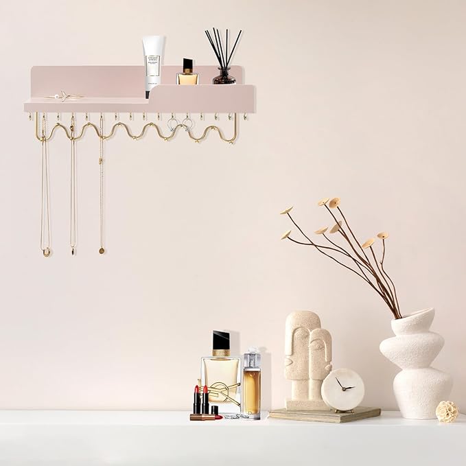 29 Hooks Wall Mount Necklace Holder Organizer, Pink Decorative Wood Jewelry Shelf with Gold Metal Wave Bar and Guardrail for Necklace, Pendant, Chain, Bracelet