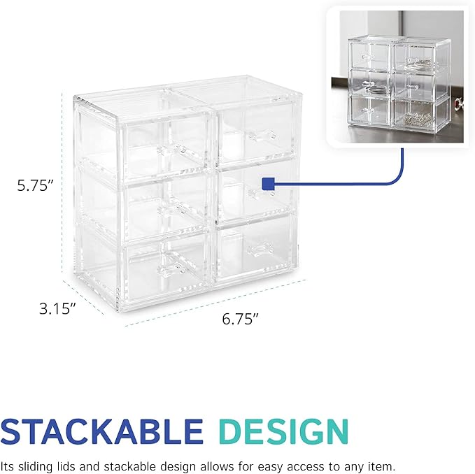 Huang Acrylic Stackable Upright 6-Drawer Jewelry Organizer Crystal Clear Acrylic | Makeup Jewelry Accessories Cosmetic Countertop Storage Display 3.15 x 5.75 x 6.75 inches | Shatter-proof Design
