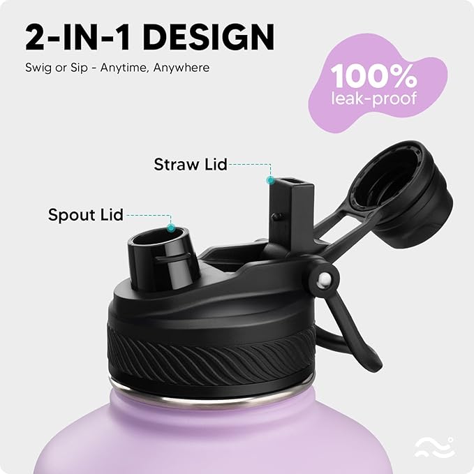 [2-IN-1 LID] 64 oz Insulated Water Bottle with Silicone Boot (48hrs Cold/24hrs Hot) - DIY Stickers, Leakproof, BPA Free, Half Gallon