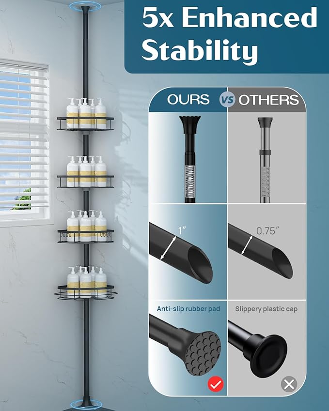 SEIRIONE Corner Shower Caddy Tension Pole, Rustproof Bathroom Shower Organizer Corner, 4-Tier Adjustable Bathroom Shelf, Solid Rack Ideal for Bathtub Storage, 34 to 116 Inch Height, Black