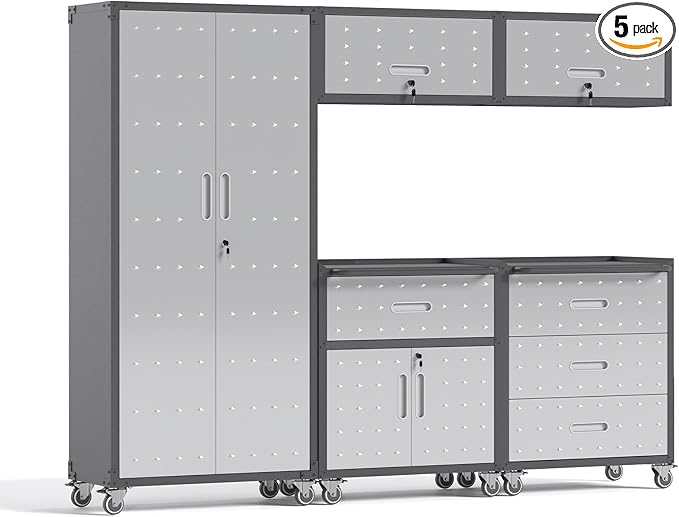 Garage Storage Cabinets System 5PCS Workshop Set with Drawers Locking Heavy Duty Rolling Cart with Adjustable Shelves Garage Tool Workbench Cabinets (5 PCS-2)