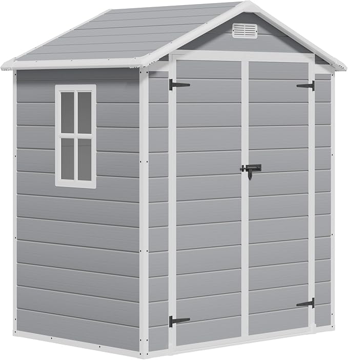 Greesum 6x4FT Plastic Outdoor Storage Shed, Resin Shed with Floor and Window, Tool Sheds with Lockable Door and Vent, for Garden, Garage, Lawn, Light Gray
