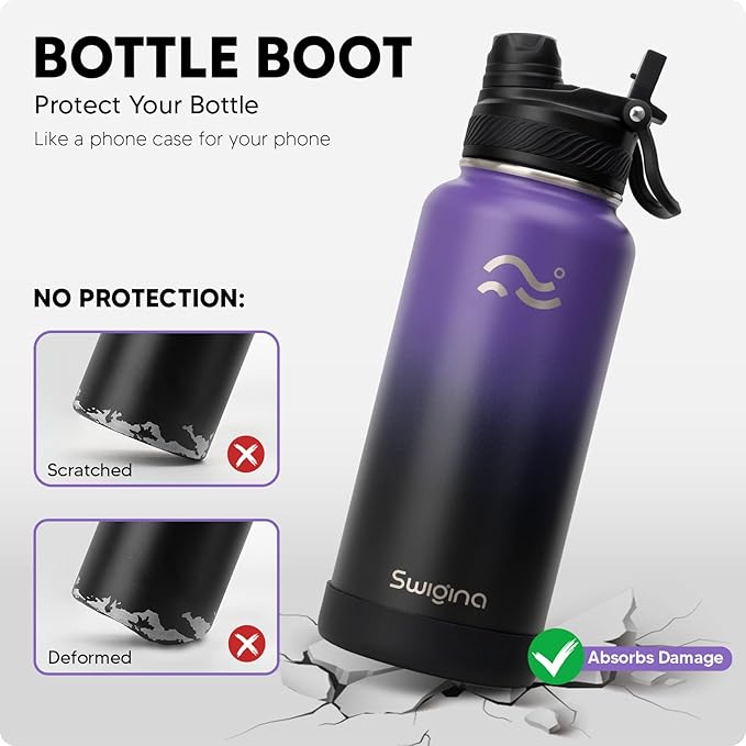 [2-IN-1 LID] Insulated Water Bottle with Silicone Boot (36hrs Cold/18hrs Hot) - DIY Stickers, Leakproof, BPA Free, 32 oz