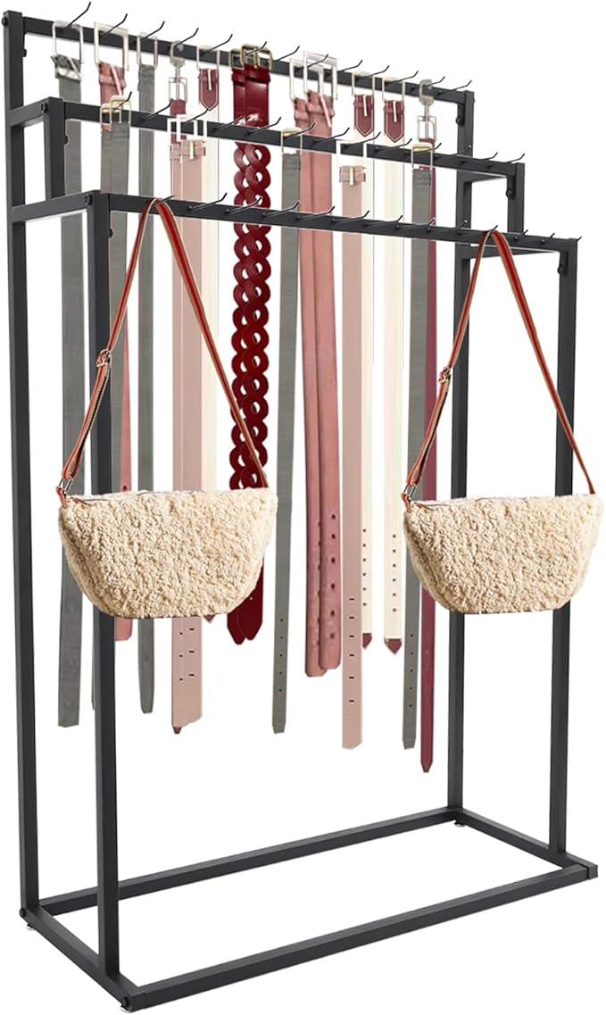 Belt Hanger, 3 Tier Freestanding Belt Display Rack with 39 Hooks, Tie Racks Belt Organizer Purse Hangers, Floor Mounted Retail Display for Belts, Ties, Scarves (Black)