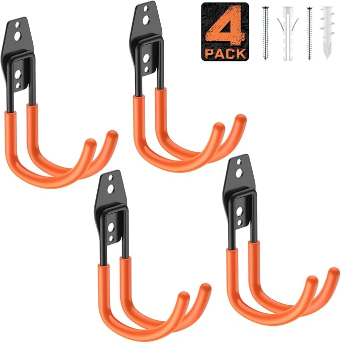 Garage Hooks Heavy Duty, Rust-Resistant Solid Steel Wall Mount Hangers for Hanging Ladders & Bikes, Non-Slip PVC Coating Tool Organizer (4 Pack Orange 5.5x4.1 Inch)