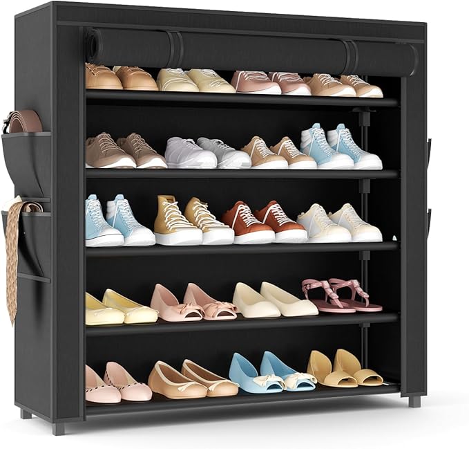 Shoe Rack with Covers 5 Tier Tall Shoe Rack Organizer Large Capacity Shoe Shelf Storage 20-24 Pairs Space Saving Free Standing Shoe Storage Organizer for Closet, Entryway, Dorm, Black