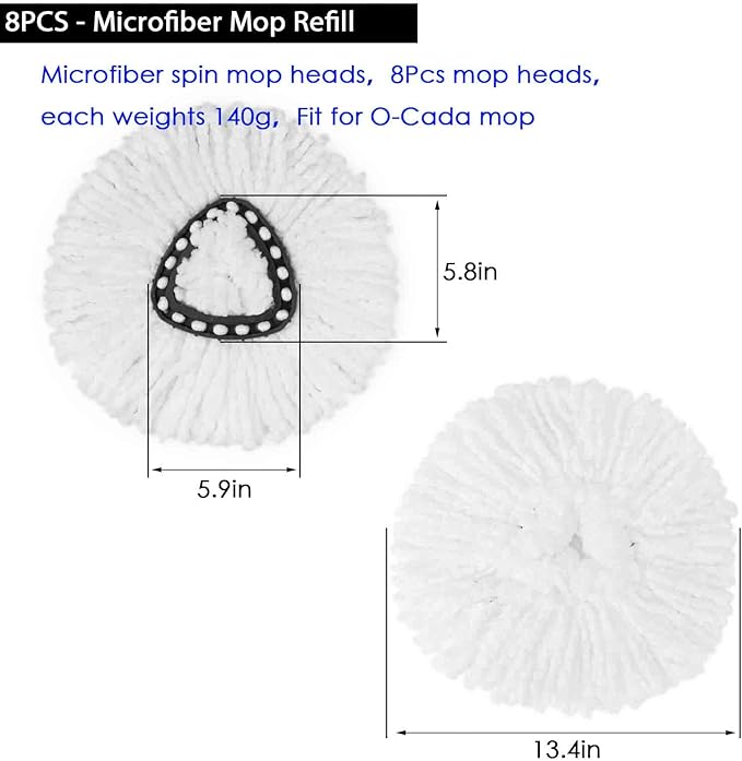 8Pack Spin Mop Replacement Heads,Spinning Mop Replace Head for Floor Cleaning, 100% Microfiber Mop Head Replacement Compatible with Triangle Spin Mop Refill for Easy Wring Mop,White