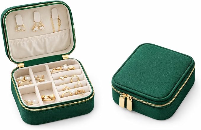 Travel Jewelry Organizer Box – Compact PU Leather Case with Necklace Hooks, Ring & Earring Storage, Soft Pink Interior, Emerald Green